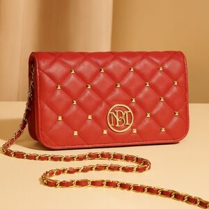 Badgley Mischka Red Diamond Quilted Crossbody Bag with Gold Studs Vegan Leather